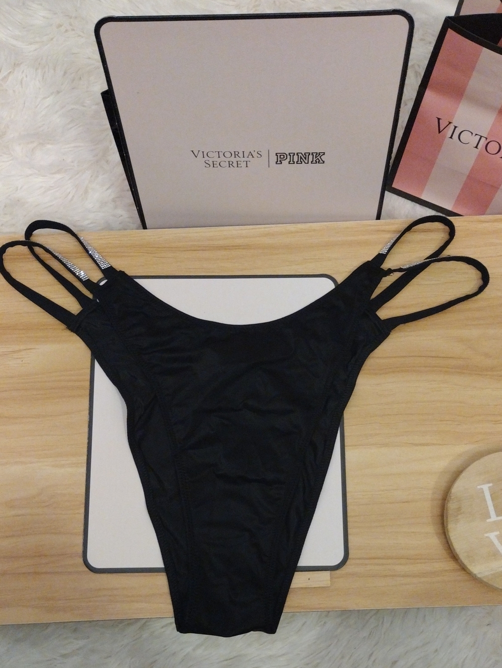 Victoria's Secret Black Rhinestone Strappy Brazilian Panty XL ๐